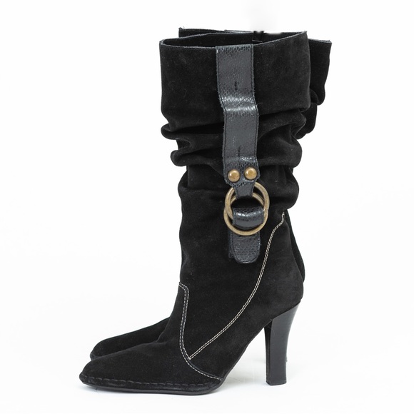 Black suede leather slouch boot heeled with stitching Hot In Hollywood 8.5 fall - Picture 5 of 14